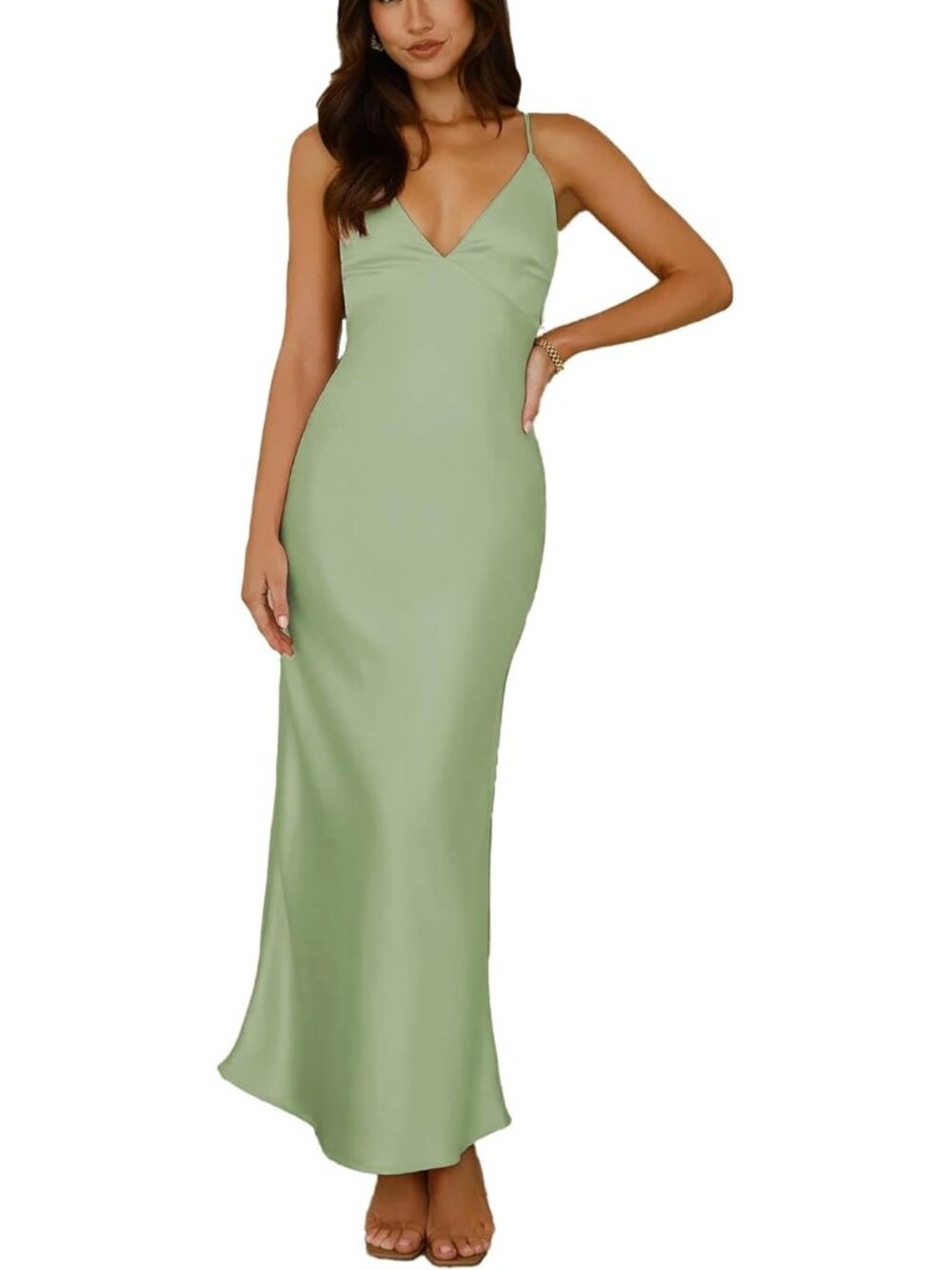 Women's Sage Satin Spaghetti Strap V Neck Formal Tie Back Cocktail Maxi Dress